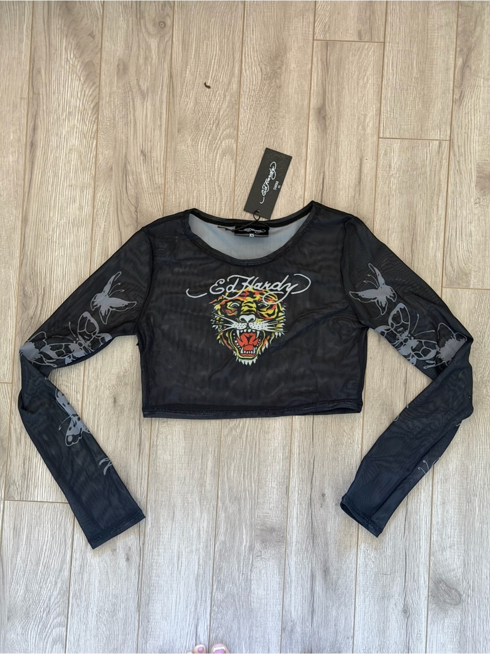Brand new Ed Hardy Black Sheer Cropped Long Sleeve Top with Multicolor Tiger